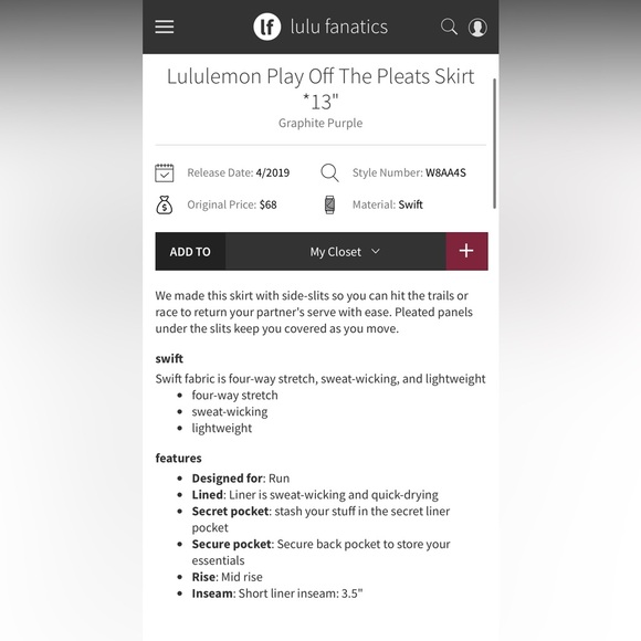 NWOT- Lululemon- Play Off The Pleats- Graphite Purple (Like Nightfall)- Sz 8 - Picture 15 of 15